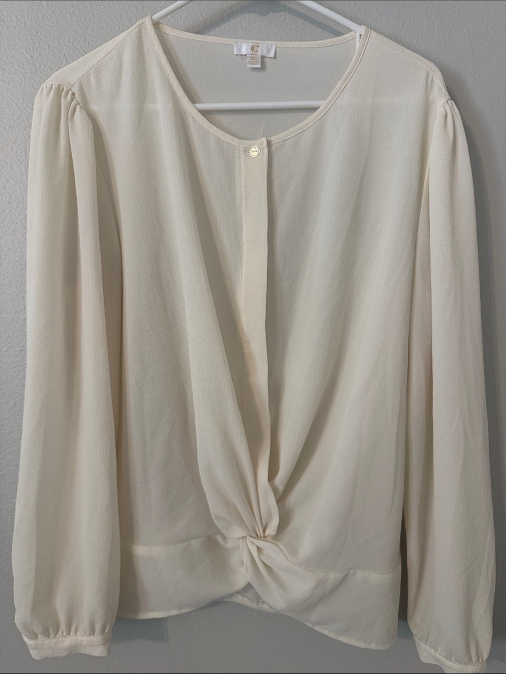 C Cream Knot-Front Long Sleeve Blouse